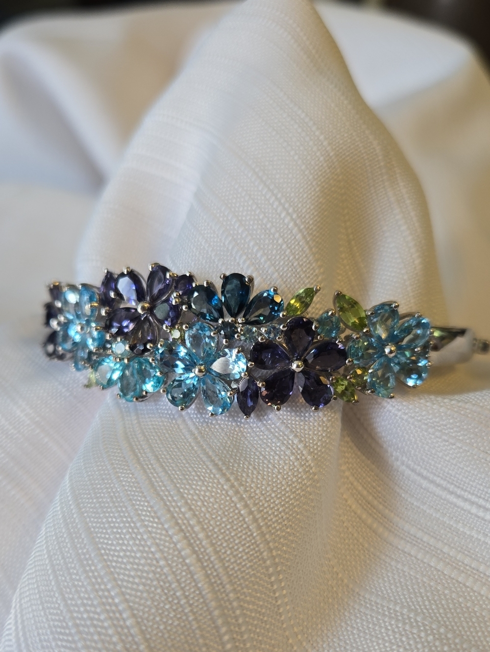 Floral Multi-Gem Silver Bracelet in Blue, Purple & Green